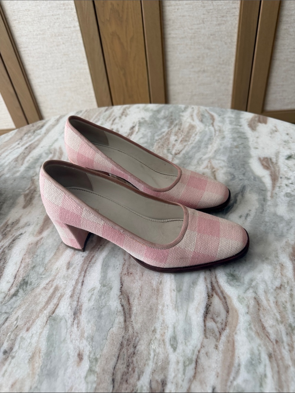 Mansur Gavriel Pink and Cream Plaid Block Heel Pumps - Picture 4 of 4